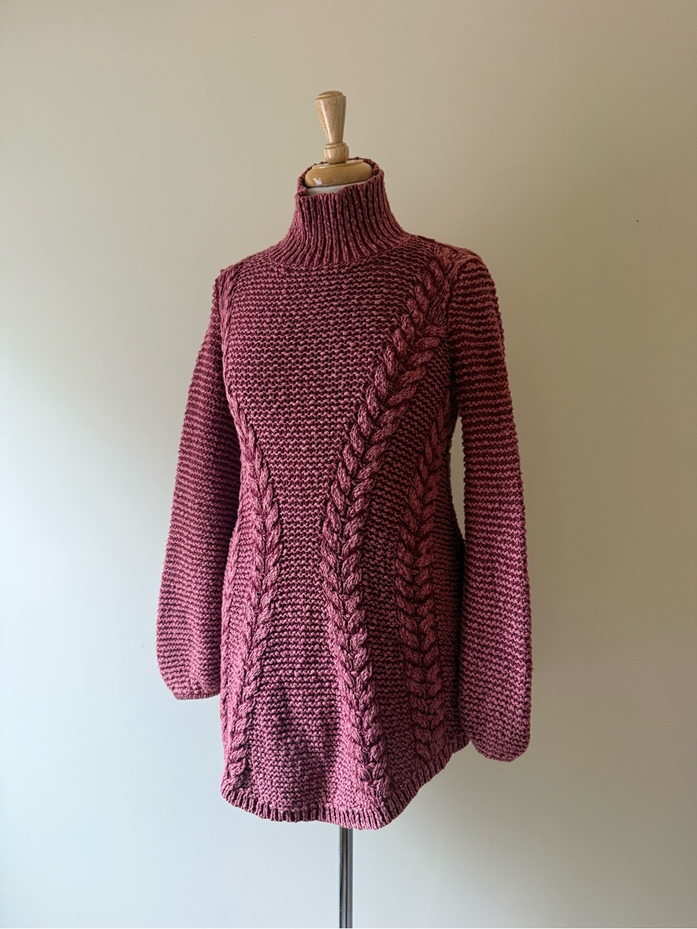 Free People Burgundy Cable Knit Long Turtleneck Sweater